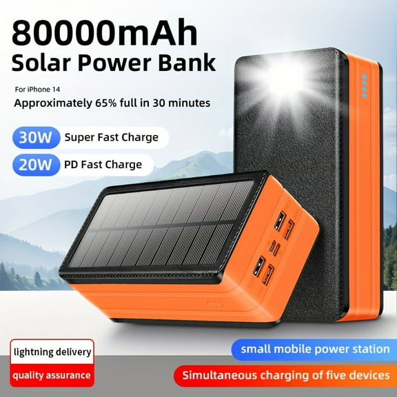 80000mAh Solar Power Bank 30W Fast Charging - 5 Outputs 2 Inputs Portable Charger with LED SOS Flashlight for Outdoor Camping Wilderness Survival Gear