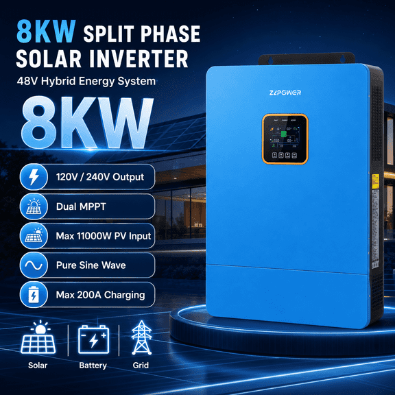 ZLPOWER 8000W 48V Pure Sine Wave Power Inverter, PVT High-Frequency Solar Inverter for Off-Grid Home/RV/Commercial Use, IP20 Waterproof, Overload Protection