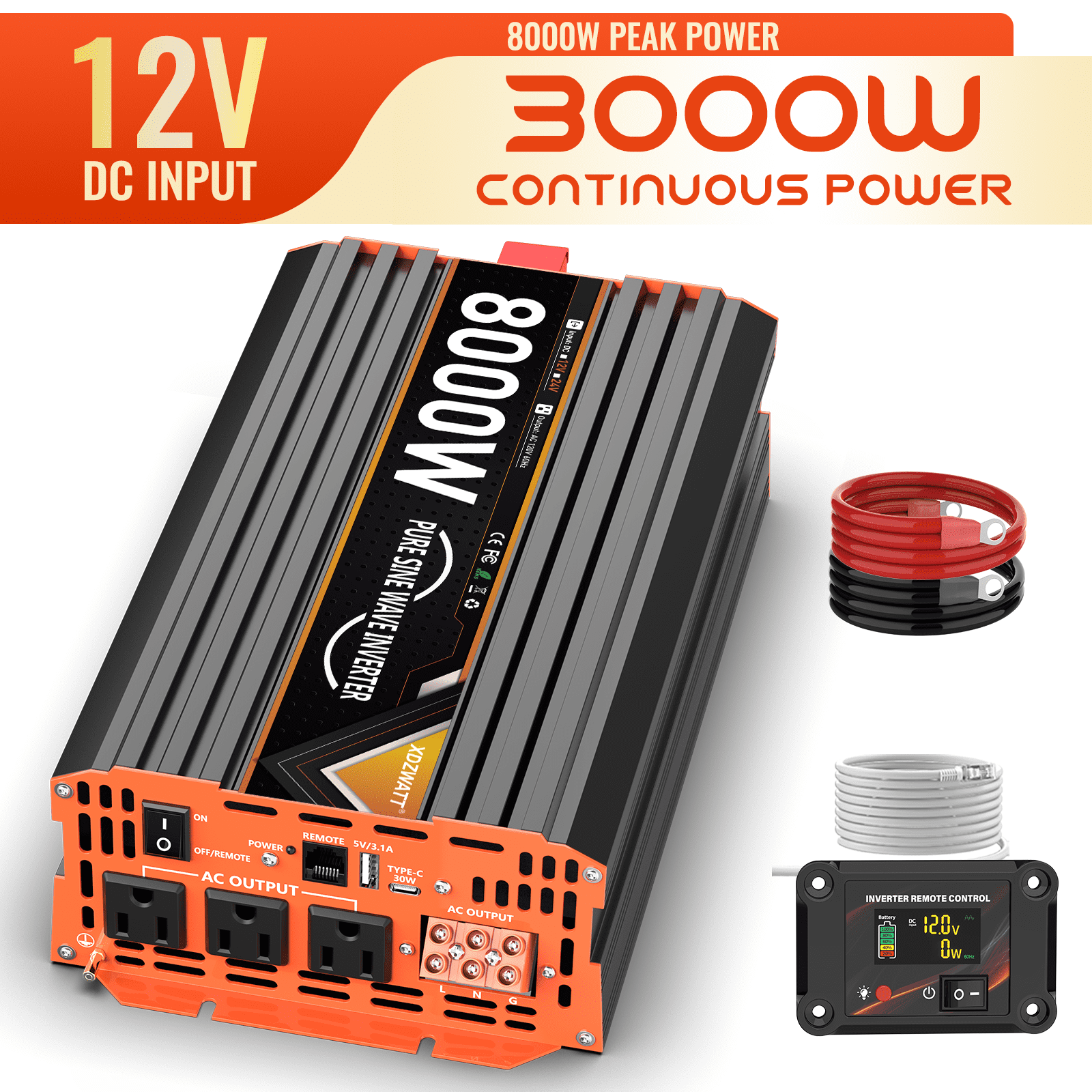 XDZWATT 12V 3000W Continuous 8000W Surge Power Inverter 3 AC Outlets, 2 USB Charging Ports for Car