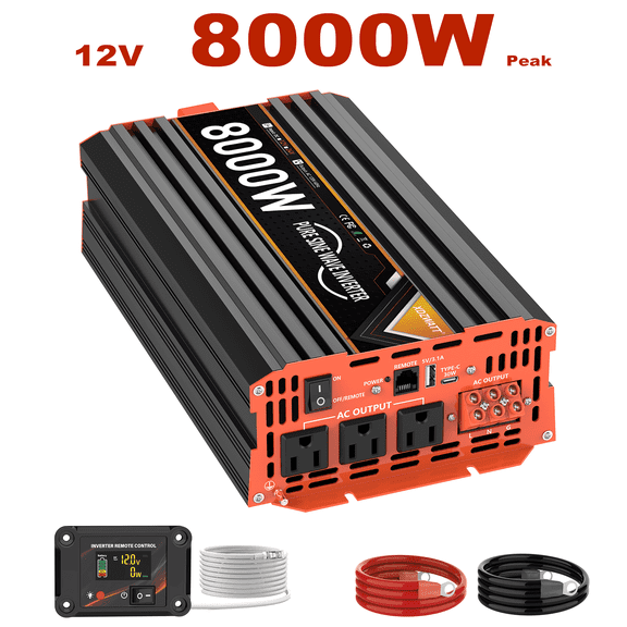 8000W Pure Sine Wave Inverter, 12V DC to 110V AC Car Power Converter, 3 AC Outlets + 2 USB Charging Ports, LCD Display, with Remote Control, Suitable for Vehicles, RVs, Camping and Home Backup Power