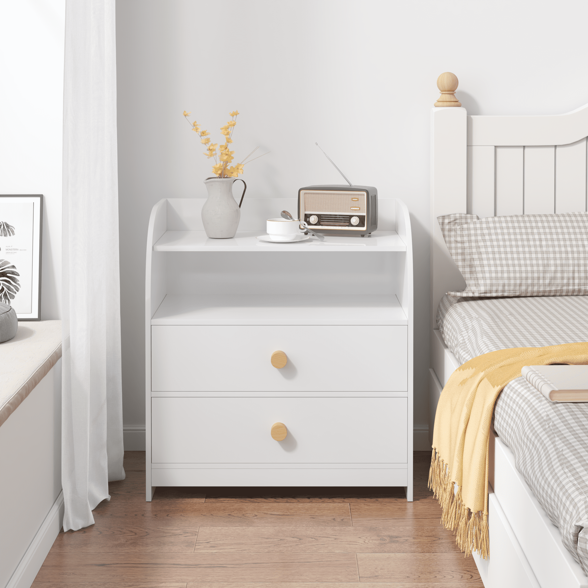 White MDF Nightstand with Curved Side Panels 2 Drawers Open Shelf Bedside End Table Storage