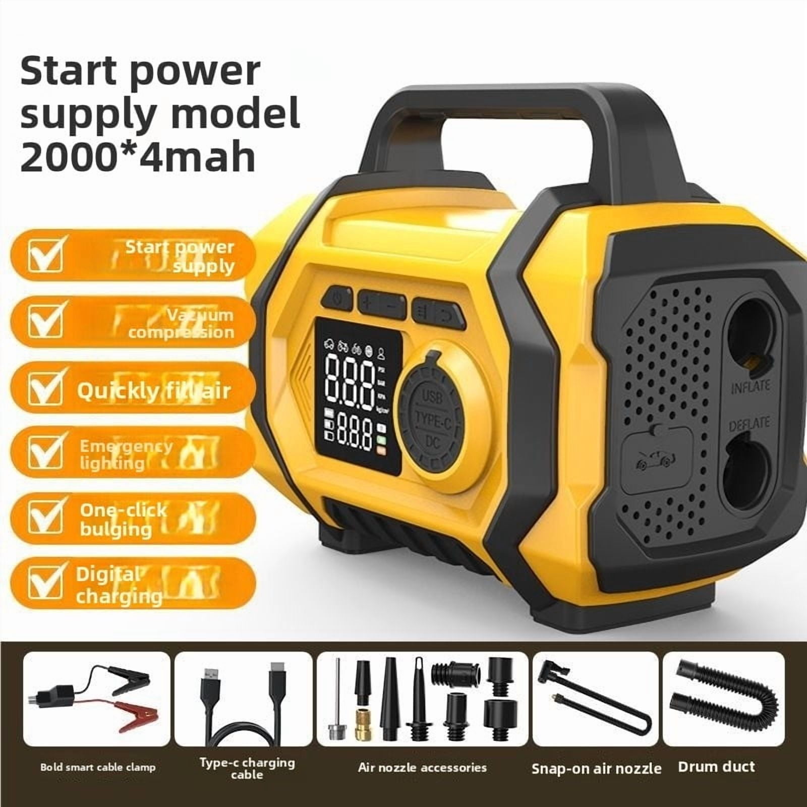 8000mAh Car Battery Charger Jump Starter with Digital Air Compressor for 12V Vehicles Portable Power Bank USB C Fast Charging LED Flashlight