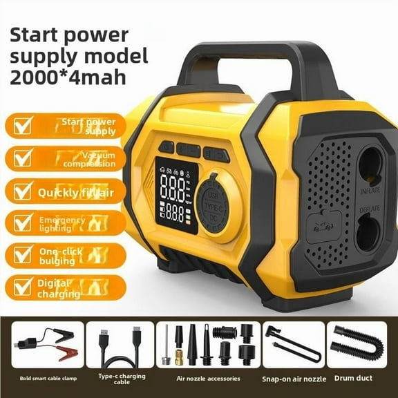 8000mAh Car Battery Charger Jump Starter with Digital Air Compressor for 12V Vehicles Portable Power Bank USB C Fast Charging LED Flashlight