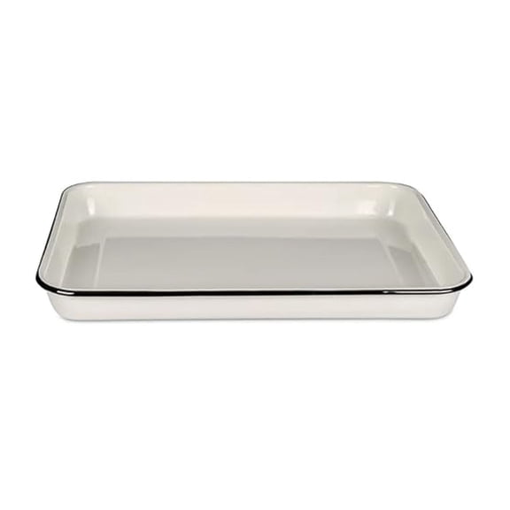 80012 Enamelware Collection Serving Tray, Solid White with Black Rim, Porcelain over Steel, Oven-to-Table, Style, Induction Ready, Indoor/Outdoor Use, 16" x 11.5" x 1.5"