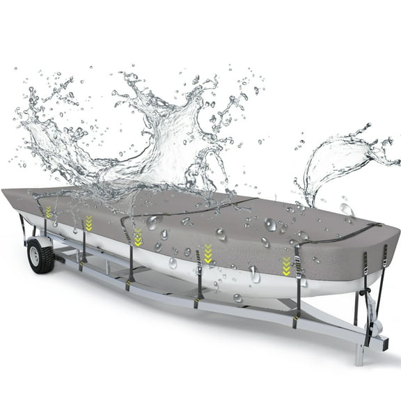 800D Jon Boat Cover, Windproof Metal Buckle Straps Jon Boat Cover Fade and Tear Resistant Trailerable, UV Protection and Waterproof Jon Boat Cover(Fits 14ft-16ft), Gray