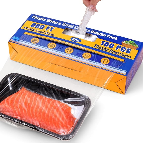 800Ft Food Plastic Wrap with Slide Cutter, BPA Free Cling Film with Magnetic Back, Includes 100 Reusable Plastic Bowl Covers for Home & Commercial Use Food Service