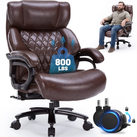 800LBS Big & Tall Office Chair – 24” Wide Seat, 5-Layer Thick Cushion, Lumbar Support, 90°–120° Recline, Massage Footrest, Silent Wheels,Brown