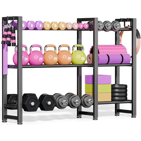 800LBS Capacity Multifunctional Gym Storage Rack with Side Hooks, Heavy Duty Adjustable Weight Storage Rack for Dumbbells Kettlebells Yoga Mat, Space Saving Workout Equipment Storage Organizer
