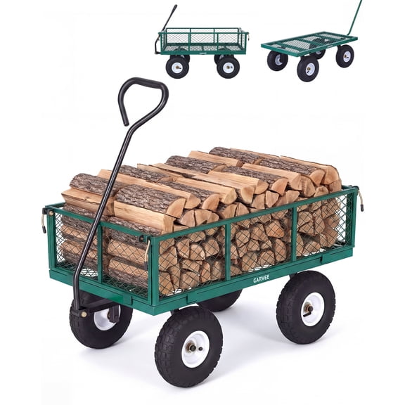 800LBS Heavy Duty Steel Garden Cart Wagon – 10" All-Terrain Pneumatic Tires – Removable Mesh Sides – 180° Rotating Handle –Yard Cart for Lawn, Garden, Farm-Green – Optimized Version