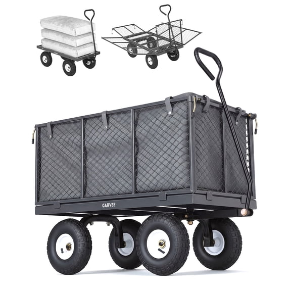 800LBS Heavy Duty Steel Garden Cart Wagon – 10" All-Terrain Pneumatic Tires – Removable Mesh Sides – 180° Rotating Handle –Yard Cart for Lawn, Garden, Farm-Grey – Includes Waterproof Liner