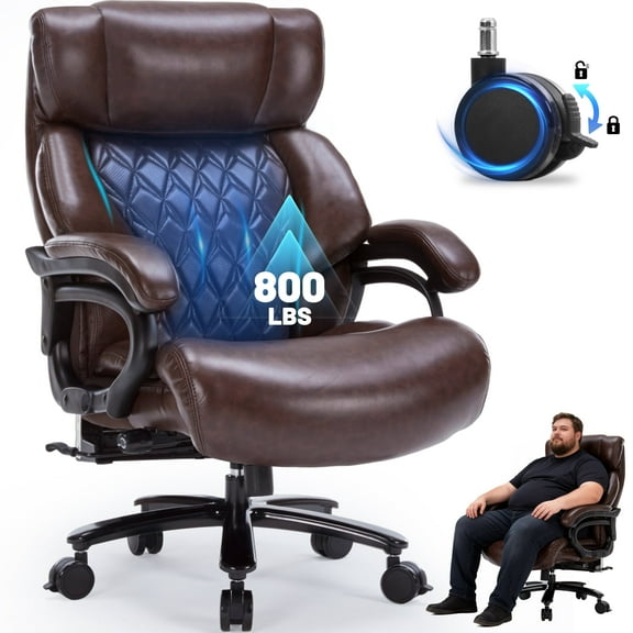 800LBS Large Heavy Duty Office Chair with Massage Footrest, Big and Tall Office Chair with Adjustable Lumbar Support, PU Leather Executive Chair with Extra Wide Seat