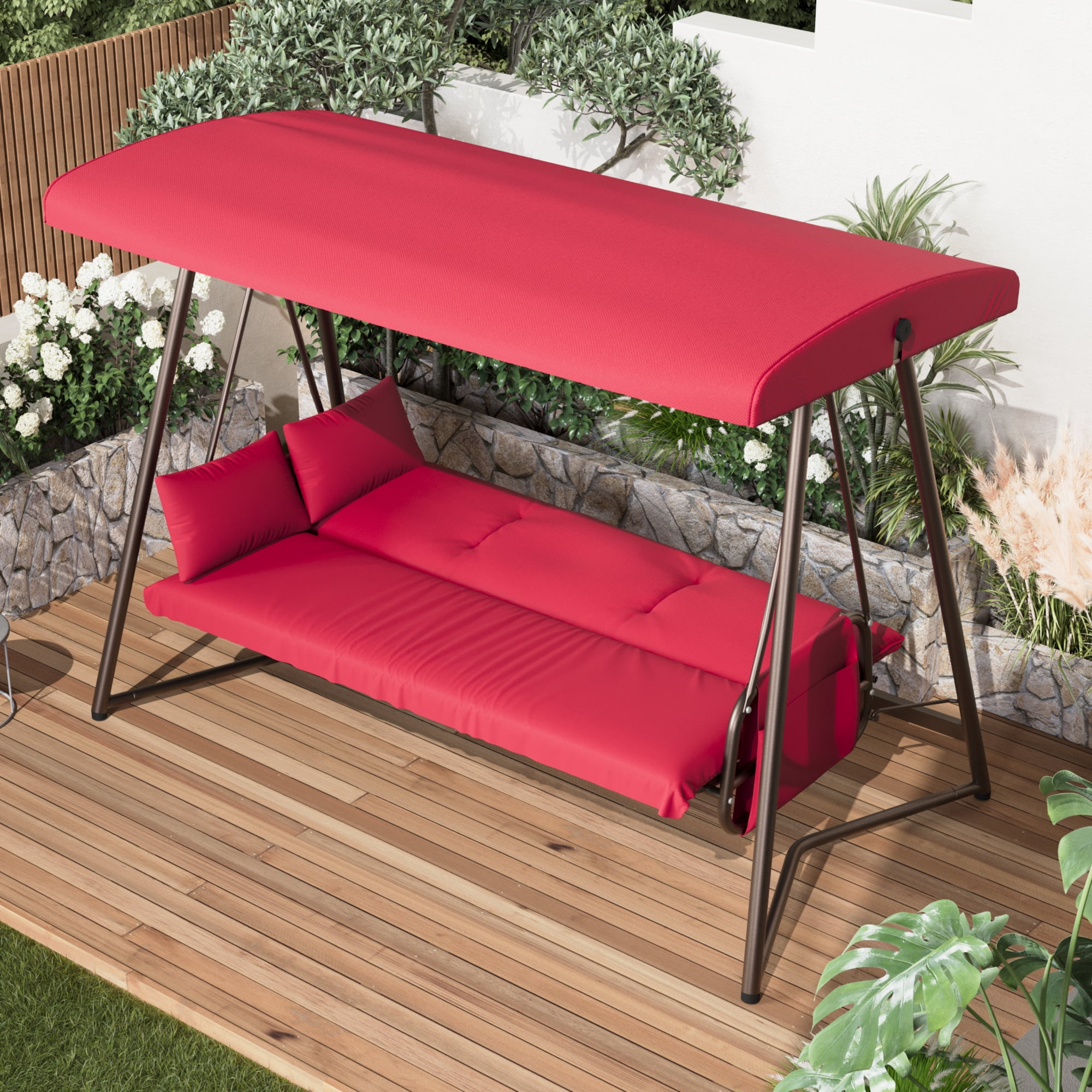 CHINNLUU Oversized 4 Person Porch Swing with Stand 800 LBS Capacity Adjustable Canopy Backrest Includes Cushions Pillows Patio 2 in 1 Swing Bed for Backyard Garden Poolside, Burgundy