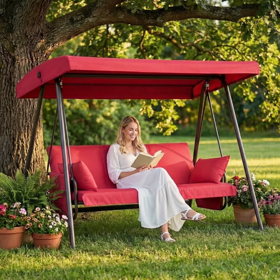 CHINNLUU Oversized 4 Person Porch Swing with Stand 800 LBS Capacity Adjustable Canopy Backrest Includes Cushions Pillows Patio 2 in 1 Swing Bed for Backyard Garden Poolside, Burgundy