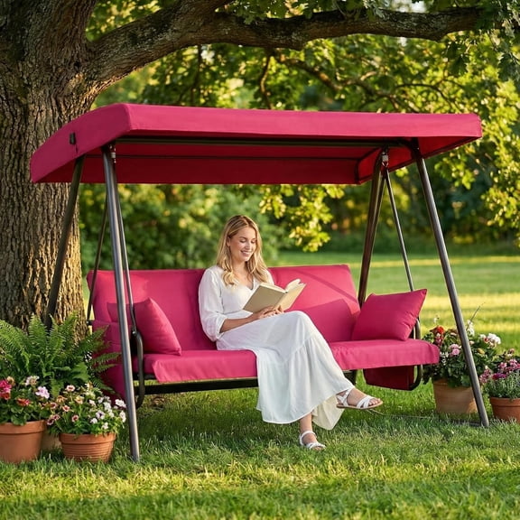 CHINNLUU Oversized 4 Person Porch Swing with Stand 800 LBS Capacity Adjustable Canopy Backrest Includes Cushions Pillows Patio 2 in 1 Swing Bed for Backyard Garden Poolside, Burgundy