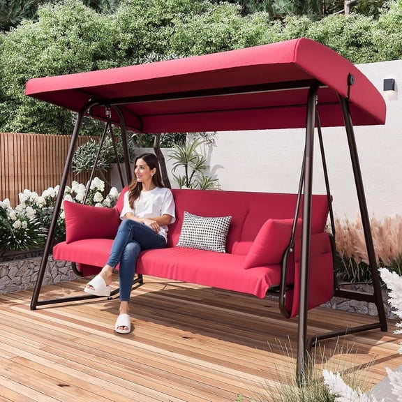 CHINNLUU Oversized 4 Person Porch Swing with Stand 800 LBS Capacity Adjustable Canopy Backrest Includes Cushions Pillows Patio 2 in 1 Swing Bed for Backyard Garden Poolside, Burgundy