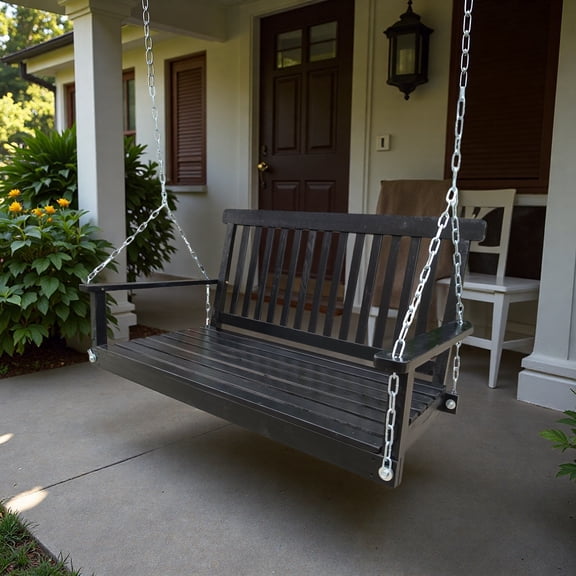 800LBS Wood Front Porch Swing - Rust-Resistant Chains, Easy-Assemble with Armrests for Porch/Patio/Sunroom