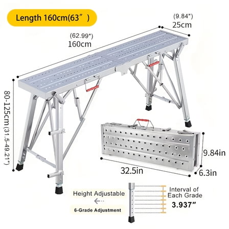 800Lbs Heavy-Duty Adjustable Folding Work Platform - Compact Iron Step Ladder with Free Gloves for Painting Home Decor