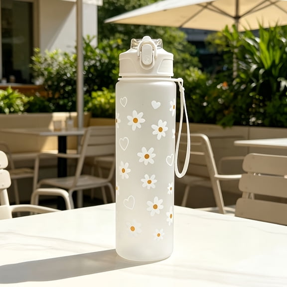 800ML Daisy Print Straw Tumbler, Portable Plastic Water Mug with Lid for Camping, Travel and Outdoor Use