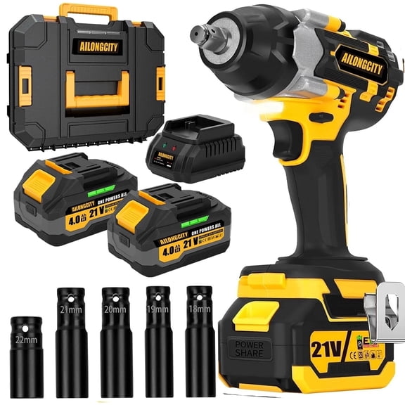 800N.m Cordless Impact Wrench, 600Ft-lbs 1/2 inch Electric Impact Gun, High Torque Brushless Impact Wrench w/ 2x 4.0Ah Battery, Fast Charger & 5 Sockets for Car Lawn Mower