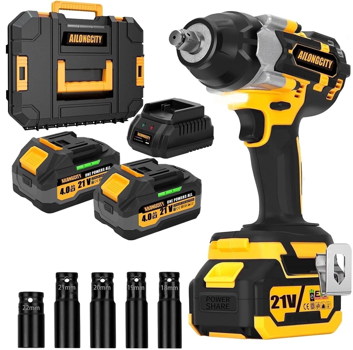 800N.m (600Ft-lbs)  Cordless Impact Wrench - 1/2 Power High Torque Battery Brushless Impact Gun, 2x 4.0Ah Battery, Fast Charger, 5 Sockets Impact Gun for Wheel Lug Nuts