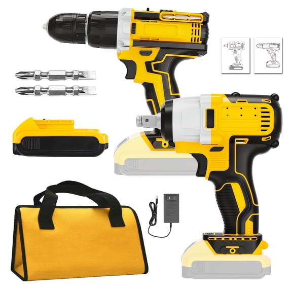 800Nm Brushless Impact Wrench & Hammer Drill Kit, Compatible with Dewalt 20V Battery, 1/2" High Torque, 3-Speed LED Light, for Auto Repair & Home Improvement