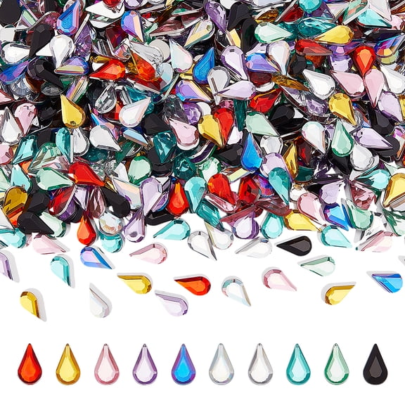 800PCS Flat Back Rhinestones 10 Color Acrylic Teardrop Gems 6x10MM/0.24x0.39 Inch Teardrop Point Back Rhinestone