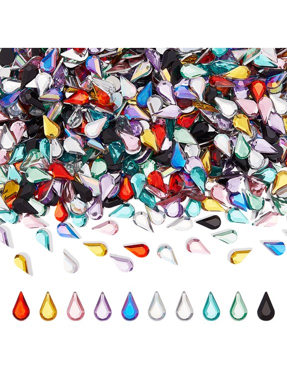 800PCS Flat Back Rhinestones 10 Color Acrylic Teardrop Gems 6x10MM/0.24x0.39 Inch Teardrop Point Back Rhinestone