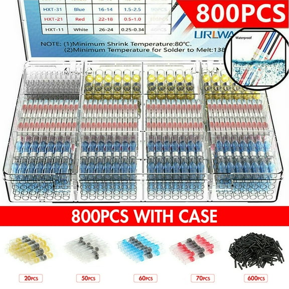 800PCS Heat Shrink Butt Connectors, Solder Seal Wire Connectors,Electric Connectors, Waterproof & Insulated Wire Terminal Connectors Kit Set