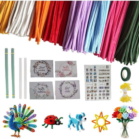 HYQDYLQ 800 Count Pipe Cleaner Flower Kit, 8-Color Chenille Stems DIY Craft Set with Floral Wire, Tape, Stamens and Greeting Card for Gift Making