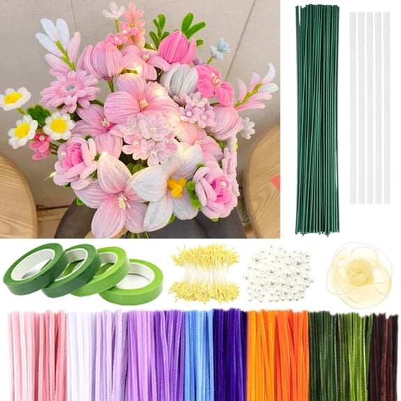 800PCS Pipe Cleaners Craft, Pipe Cleaner Bulk Flower Kit, Flower Making Kit with Gardening Tape, Stamen for Art and Craft Supplies