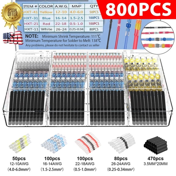 800PCS Waterproof Heat Shrink Butt Terminals Solder Seal Sleeve Wire Connector