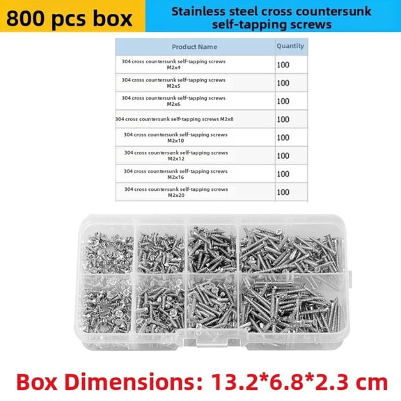 800Pcs 304 Stainless Steel Self Tapping Screws Kit, Cross Recessed Flat Head Assortment M2x4-M2x20, Silver