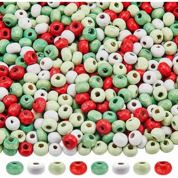 800Pcs 4 Colors Christmas Wooden Beads Colorful Wood Bead Bulk 5mm Green Red White European Xmas Winter Holiday Jewelry Making DIY Craft Supplies