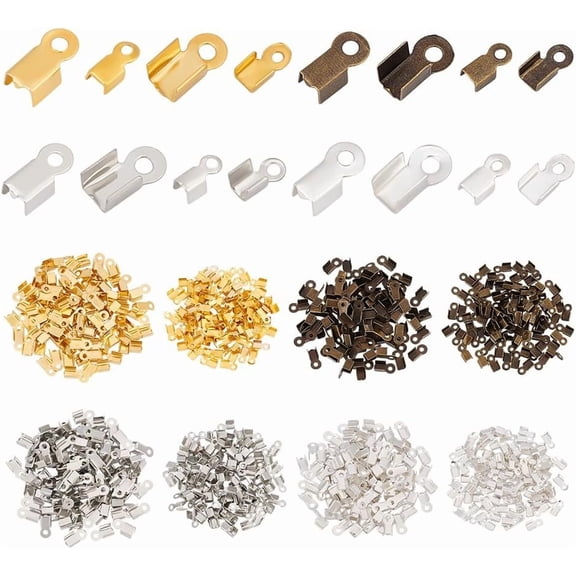 800Pcs 8 Style Iron Folding Crimp Ends Fold Over Crimp Cord Ends Mixed Color 6~9x3~3.5x2.3~4mm Hole: 1~2mm 100pcs/style for DIY