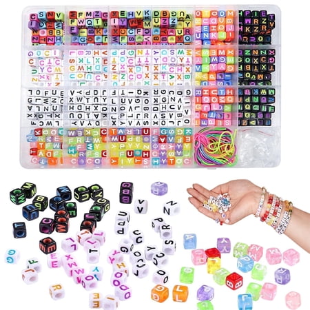 800Pcs Cube Letter Beads,6 Colors A-Z Acrylic Alphabet Beads W/2 Roll Crystal String Cord for Kids Adult Friendship Bracelets Making Jewelry Making(6mm)