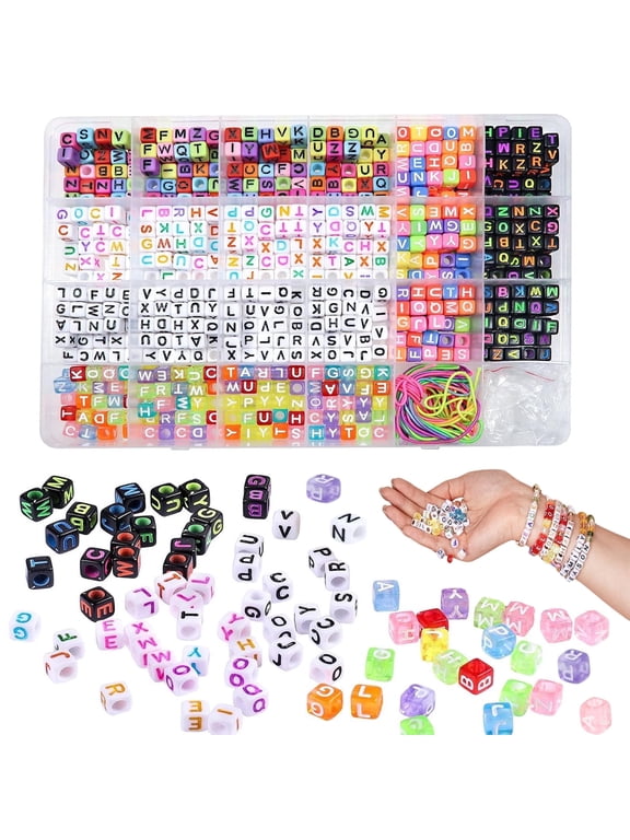 800Pcs Cube Letter Beads,6 Colors A-Z Acrylic Alphabet Beads W/2 Roll Crystal String Cord for Kids Adult Friendship Bracelets Making Jewelry Making6mm