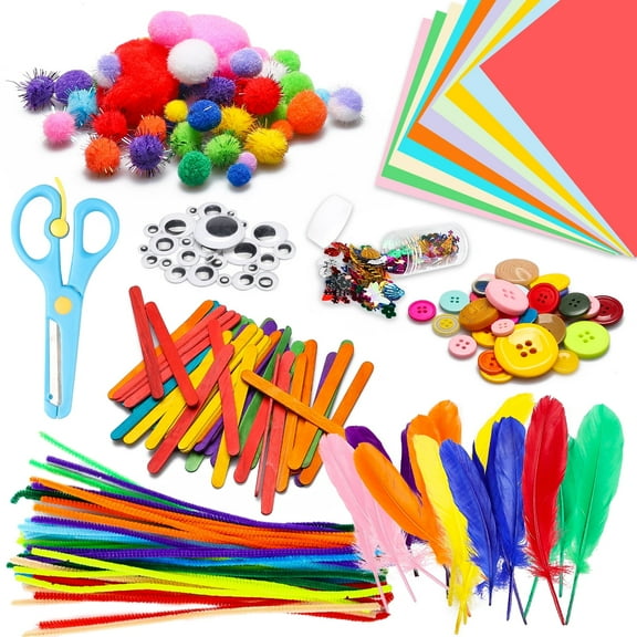 Belanttega 800Pcs DIY Art Craft Kit Creative Pompoms Pipe Cleaners Feathers Wiggle Googly Eyes Sequins Buttons Sticks School Project Sewing Handicraft Accessories Set