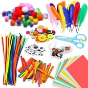 800Pcs DIY Art Craft Kit,Creative Pompoms Pipe Cleaners Feathers Sequins Buttons Colorful Wooden Sticks Colorful Construction Paper School Projects Party Supplies