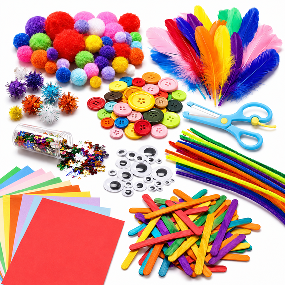 800Pcs DIY Art Craft Kit for Kids Creative Pompoms Pipe Cleaners Feathers Wiggle Googly Eyes Sequins Buttons Colorful Wooden Sticks Colorful Construction Paper School Projects Party Supplies