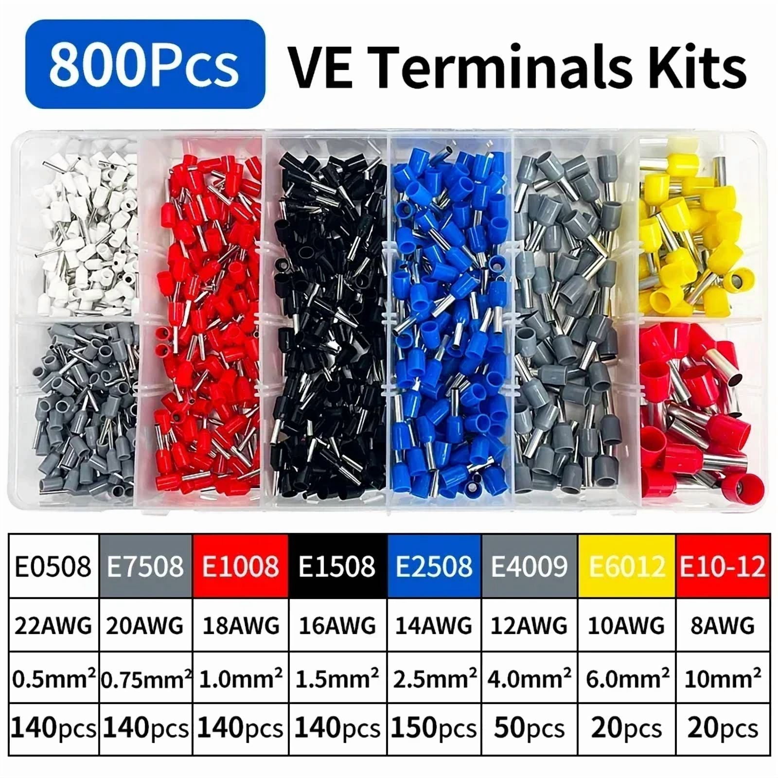 800Pcs Electrical Tube Insulated Terminal VE Tubular Crimp Terminals ...
