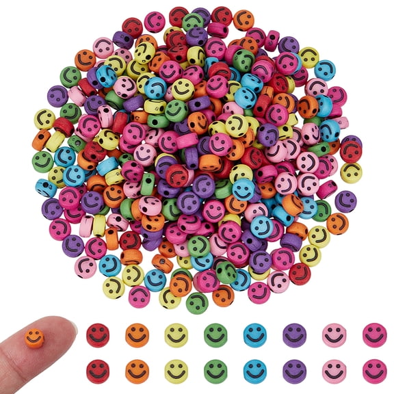 800Pcs Opaque Acrylic Beads with Face Flat Round Mixed Colorful 7mm Happy Face Spacer Bead Cute Fun Beads