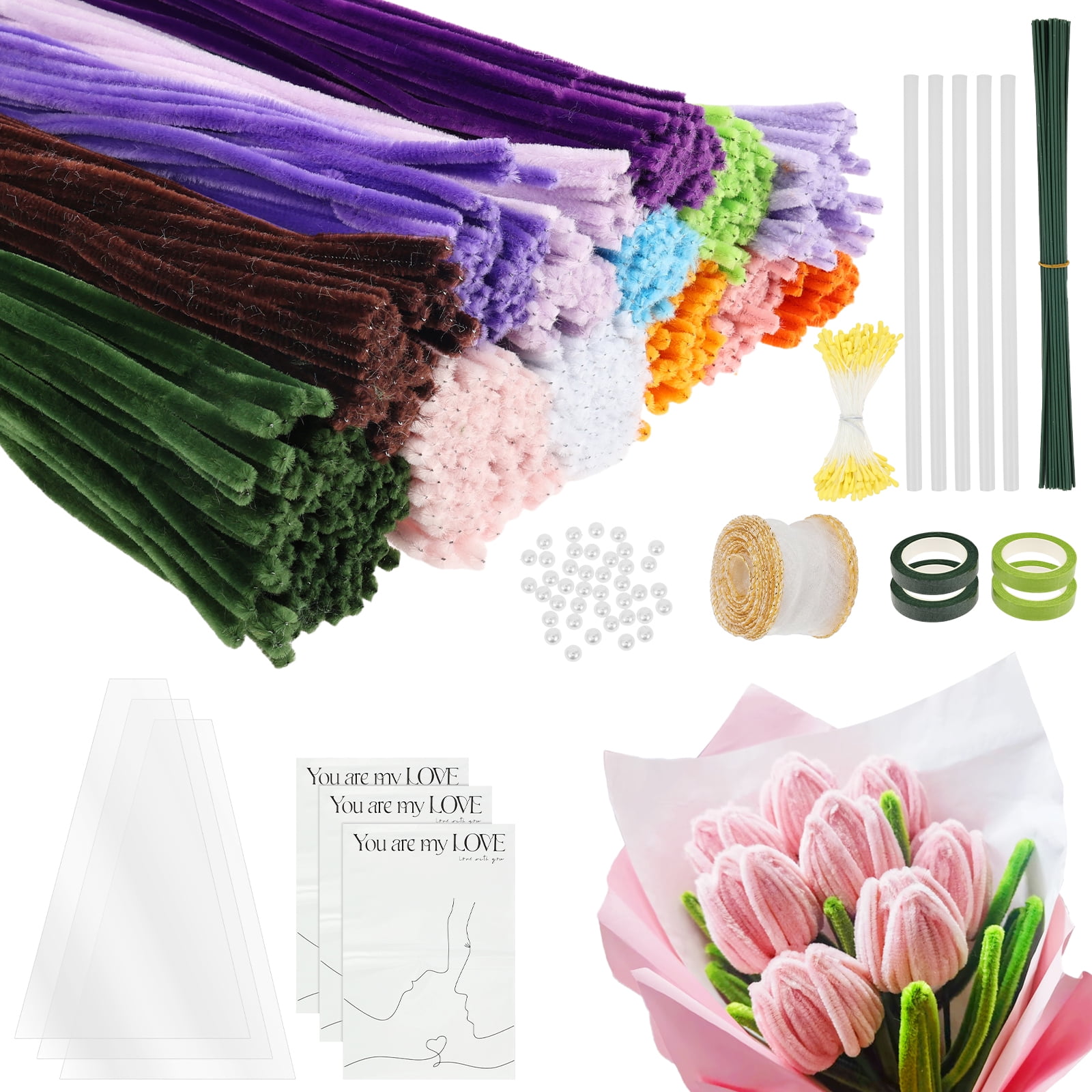 800Pcs Pipe Cleaners, 13 Color Chenille Stem with 50 Stem Glue Stick Floral Tape Stamen Bead Ribbon Wrapping Paper and Tutorial Handmade Bouquet Making Supplies for Beginner