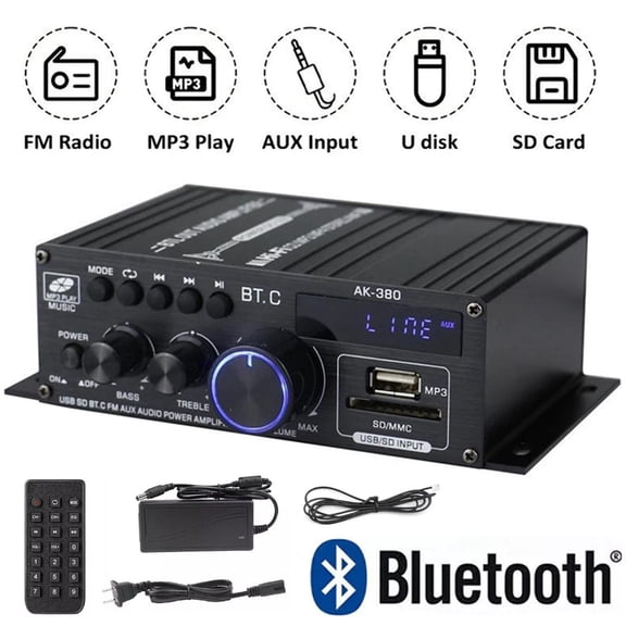 800W 2-Channel Bluetooth Mini HiFi Power Amplifier Stereo Amp for Home and Car Audio, FM Radio Compatible, Compact High-Power Audio Amplifier, Portable Music Player Sound System