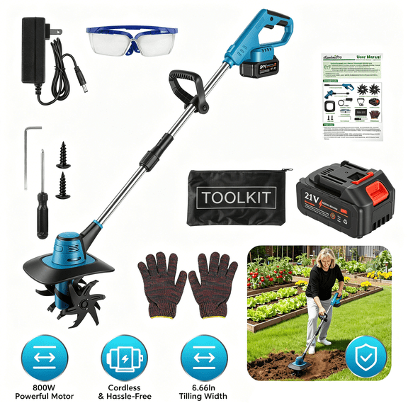 800W 21V Cordless Tiller Cultivator, 3.0Ah Battery Powered, 8.66" Width 6.69" Depth Manganese Steel Tines for Effortless Soil Cultivation, Gardening
