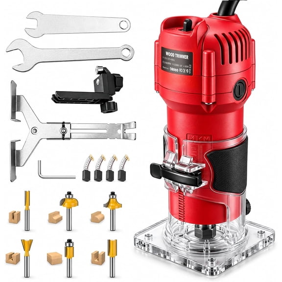 800W Compact Wood Router Tool, 32,000 RPM Electric Palm Router, 1/4" Collet Hand Trimmer with Edge & Roller Guide, Woodworking Router for Trimming, Grooving & Edging