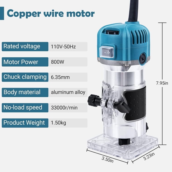 800W Compact Wood Router Tool, Handheld Palm Routers for Woodworking with 6 Variable Speed,Electric Trimmer Wood Router with 15pcs 1/4" Router Bits