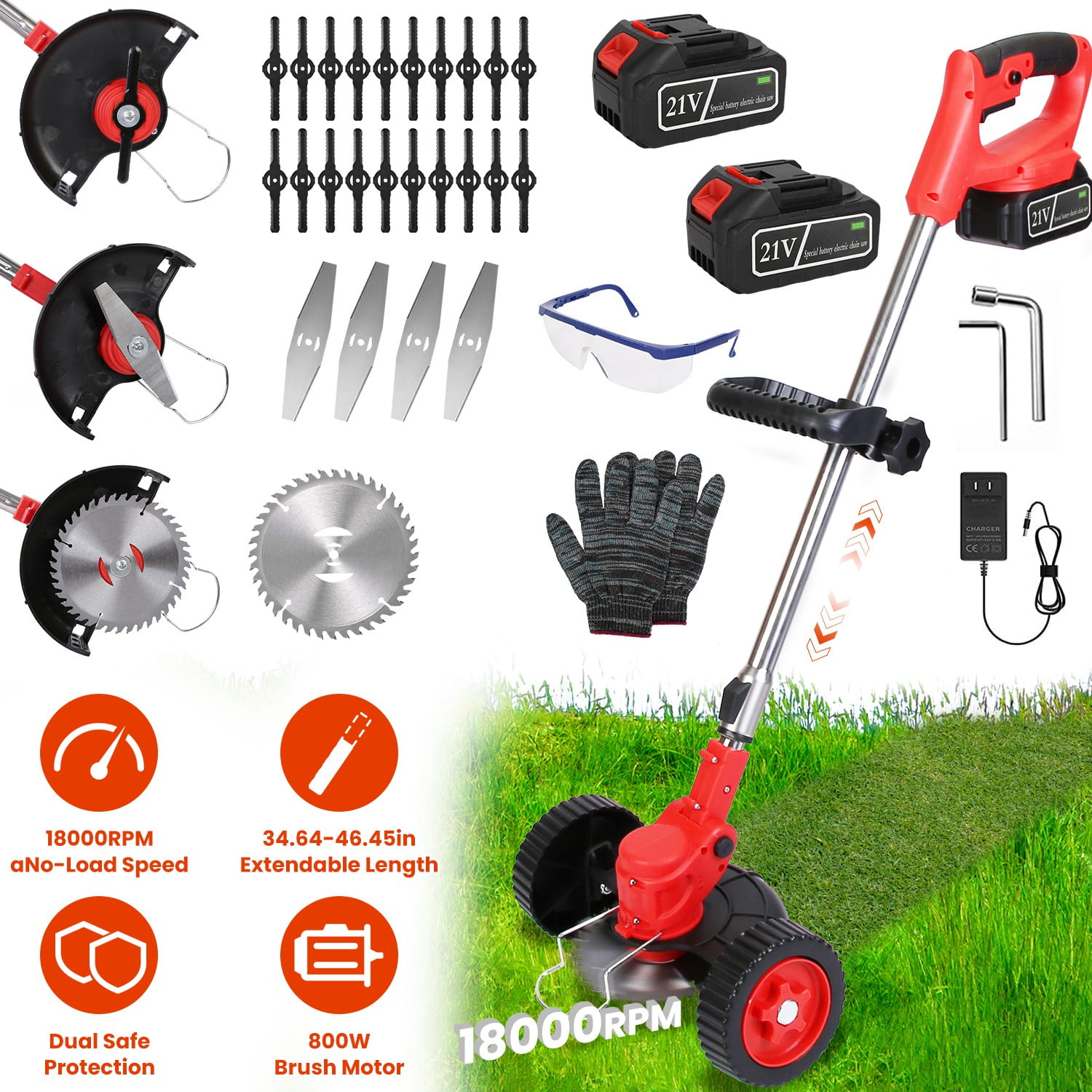 800W Cordless String Trimmer with Wheels 21V Brushless Motor Weed Wacker 18000RPM Max Speed 3 in 1 Tool with Metal and String Blades Adjustable Head Extendable Pole for Lawn Edging Garden Maintenance