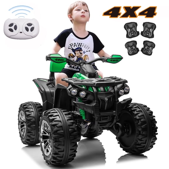 800W Dirt Quad w/ Remote Control - 24V Powered Ride on ATV, Electric Powerful 4-Wheeler for Big Kids, Up to 5.5 mph, Knee Pads, Green