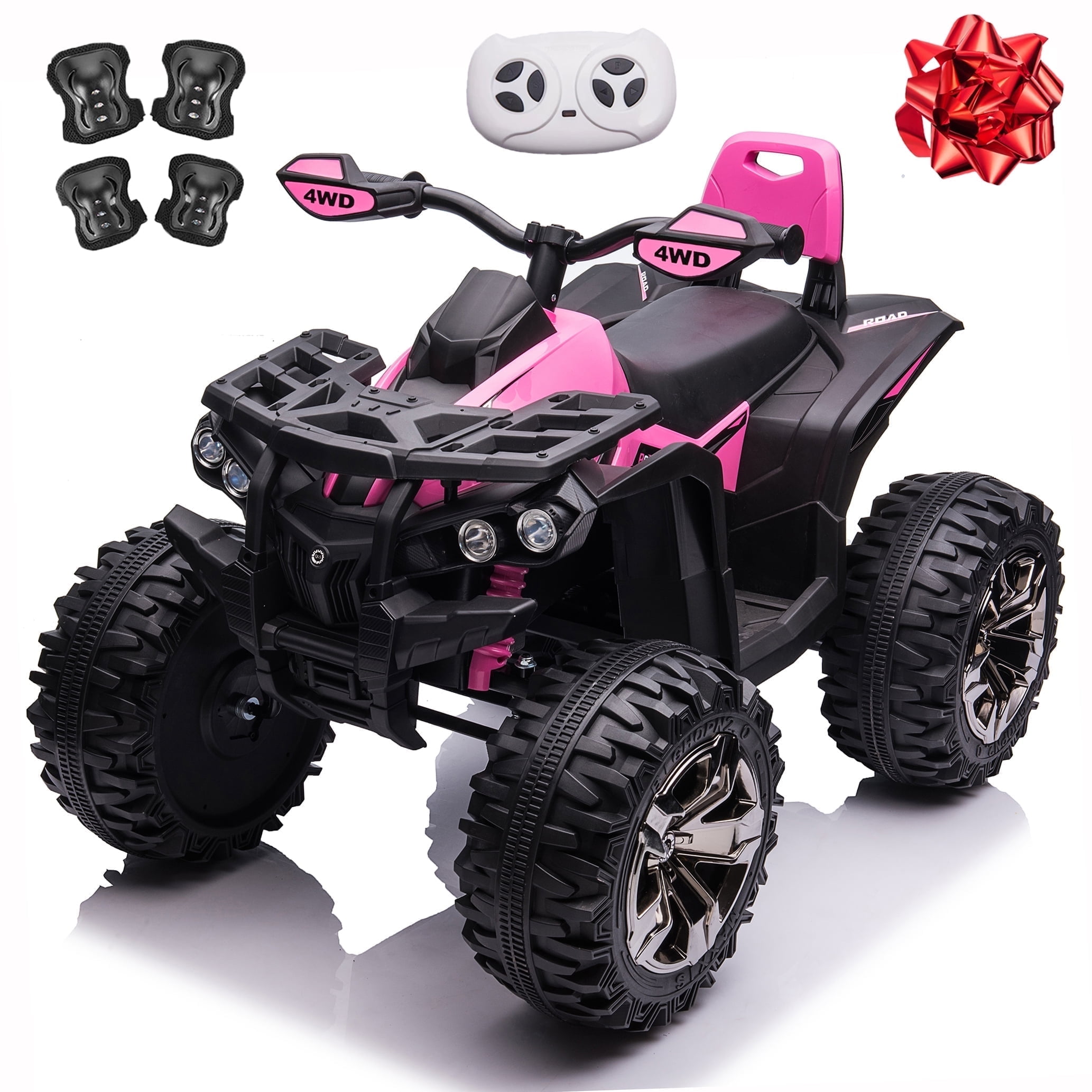 800W Dirt Quad w/ Remote Control - 24V Powered Ride on ATV, Electric Powerful 4-Wheeler for Big Kids, Up to 5.5 mph, Knee Pads, Pink