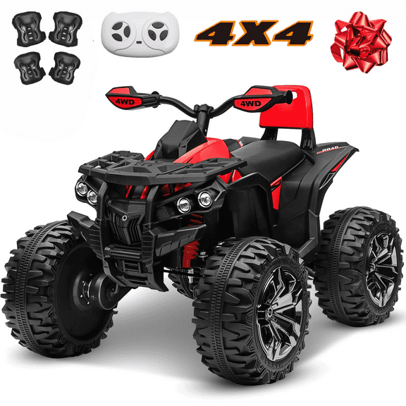 Funride 24 Volt Ride on Toys, 4WD Electric ATV for Kids, Power Car Wheels with Kneepads, Bluetooth, Horn, Music, LED Light, Red